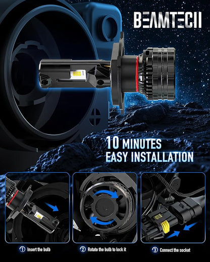 BEAMTECH H4/9003 Bulbs, 900% Brighter Canbus Ready 6500K White Light or Fog Light, 2 Bulbs.
