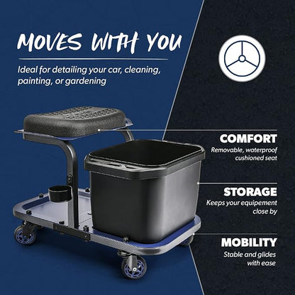 URBANTRANSIT Rolling Car Wash Stool with Bucket - Save Your Back, an Ideal Caddy Cart for Car Detailing, Cleaning, Painting and Gardening - 350 Lb Capacity with Easy-Glide Wheels and Removable Seat