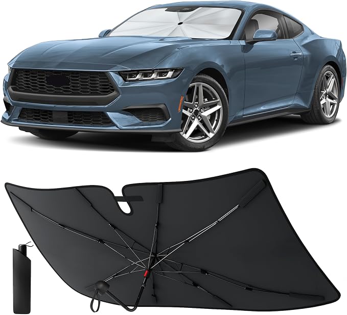 EcoNour Umbrella Windshield Sun Shade for Ford Mustang 2015–2026 | Foldable Front Windshield Sunshade with 8-Rib Frame | 280T UV Protection Car Sun Visor Heat Shield Interior Protector