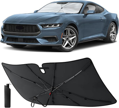 EcoNour Umbrella Windshield Sun Shade for Ford Mustang 2015–2026 | Foldable Front Windshield Sunshade with 8-Rib Frame | 280T UV Protection Car Sun Visor Heat Shield Interior Protector