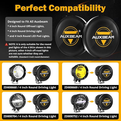 Auxbeam C4 Series 4 Inch Light Covers, 2PCS LED Round Black Plastic Protective Light Covers, Snap-On Design Waterproof and Scratch-Resistant Covers, Pack of 2