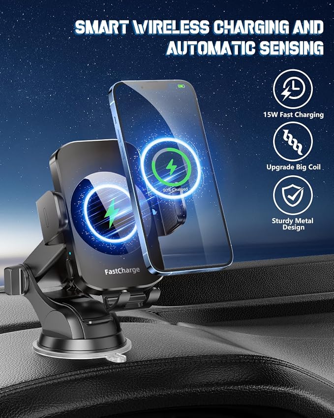 3-in-1 Wireless Car Charger Mount, 15W Fast Charging Auto-Clamping Phone Holder for iPhone 17 16 15 14, Samsung Galaxy S24 S23, Dashboard, Vent & Windshield Car Mount(Black)