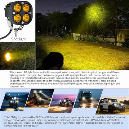 2-Pack 40W 3Inch Yellow/Amber Spot Beam LED Pod Light - Bright Off-Road Driving Fog Lights, Waterproof Auxiliary Ditch Lights for Truck, SUV, ATV, Boat, Motorcycle, Pickup, Tractor