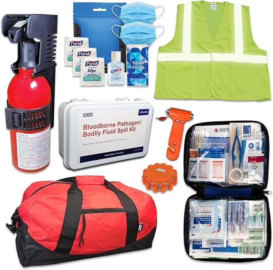 Rideshare Safety Kit - Recommended for all rideshare, car service, and taxi drivers to help keep occupants safe and healthy, with a fluid spill cleanup kit and PPE for sick drivers or passengers.