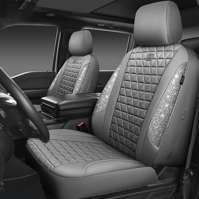 CAR PASS Bling Diamond Gray Leather Car Seat Covers Full Sets Interior Sets, Waterproof Shining Glitter Sparkly Crystal Universal Armrest Fit for Automotive Truck SUV Cute Women Girl, Gray Rhinestone