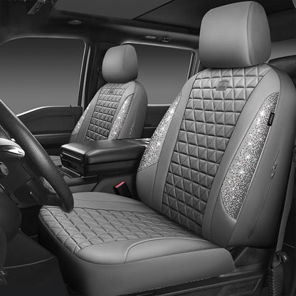 CAR PASS Bling Diamond Gray Leather Car Seat Covers Full Sets Interior Sets, Waterproof Shining Glitter Sparkly Crystal Universal Armrest Fit for Automotive Truck SUV Cute Women Girl, Gray Rhinestone