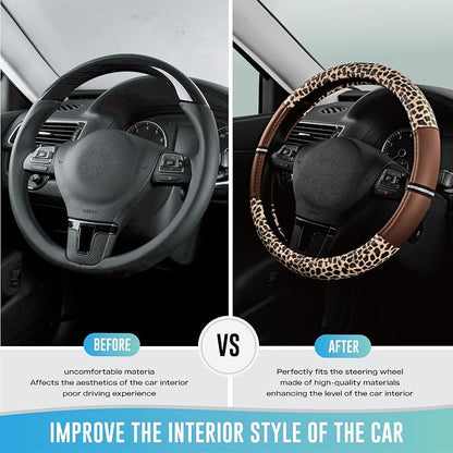 Road Comforts Leopard Steering Wheel Cover for Women, Cute Anti-Slip Microfiber Leather, Universal Fit 14.5-15 Inch Round Steering Wheel - Brown