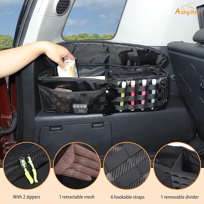 Aunginsy 1PCS Trunk Organizer Compatible with Toyota FJ Cruiser 2007-2021+, Car Left Side Trunk Storage Bag Backseat Hanging Storage Multi-Compartment Space Saving Accessories, Carbon Fiber Pattern
