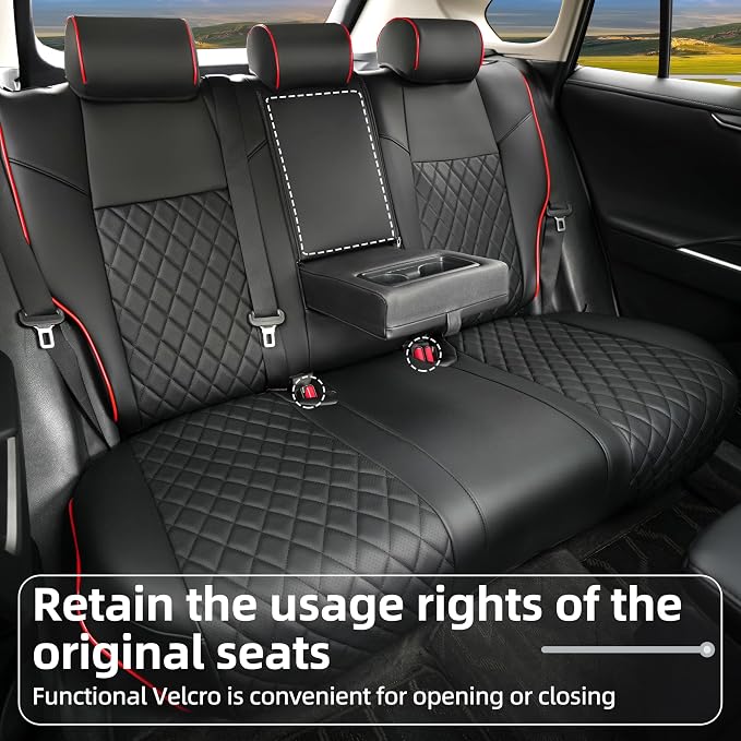 Lolcar Rav4 Seat Covers for Toyota RAV4 2019 2020 2021 2022 2023 2024 2025 LE,XLE,XLE Premium,Limited,Car Seat Cover for Trucks SUV,Leather Seat Cushion Full Set,Faux Leather (Black red Grid)