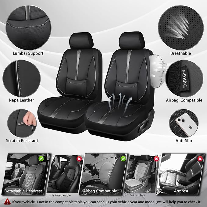 CAR PASS Nappa Leather Seat Covers Front, 3D Foam Support Water Resistant Faux PU Gray Leather Car Seat Covers 2 Pcs, Comfort & Universal Fit for Cars SUV Truck Most Vehicles (Black and Gray)