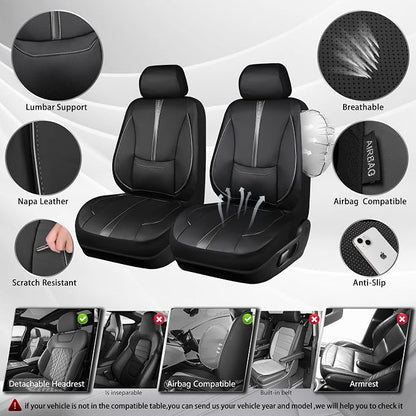 CAR PASS Nappa Leather Seat Covers Front, 3D Foam Support Water Resistant Faux PU Gray Leather Car Seat Covers 2 Pcs, Comfort & Universal Fit for Cars SUV Truck Most Vehicles (Black and Gray)