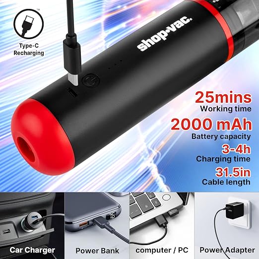 Shop-Vac 2-in-1 Car Vacuum & Air Duster, 14000Pa Blow/Suction Portable Cordless Vacuum, Mini Blower, Handheld & Lightweight with 6 Nozzles, Type-C Rechargeable for Auto/Home/Office