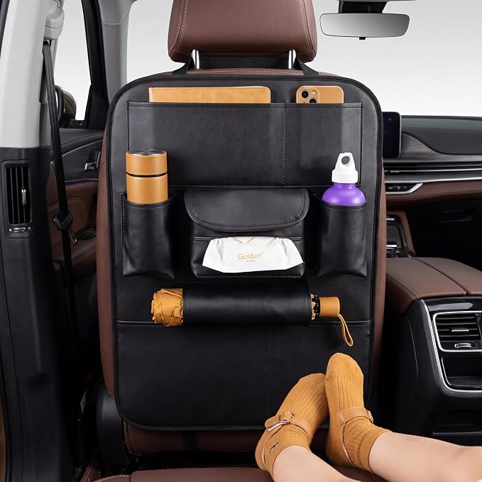 2 Pack PU Leather Premium Car SeatBack Organizer Travel Accessories Kick mats Back seat Protector and Cup Holder Holder Universal Use Seat Covers (23×17 in)