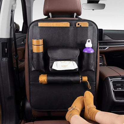 2 Pack PU Leather Premium Car SeatBack Organizer Travel Accessories Kick mats Back seat Protector and Cup Holder Holder Universal Use Seat Covers (23×17 in)