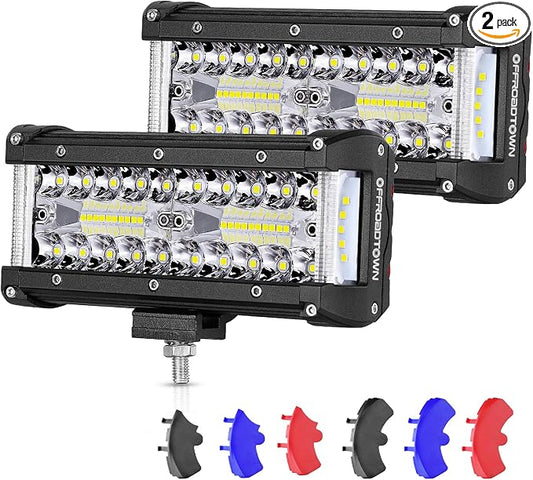 OFFROADTOWN 7inch LED Light Bars LED Pods Off Road Fog Driving Lights Side Shooter Cube with Black Red Blue Side Cover for Truck ATV UTV Motorcycle Pickup Boat