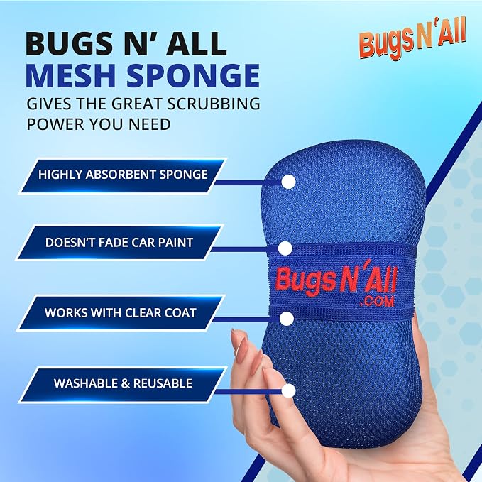 Bugs N’ All Bug Sponge - Bug and Tar Remover for Car Exterior and Interior - Ultra Soft Mesh Car Wash Sponge for Scratch Free Scrubbing - 8.25 by 4.75 inch, 1 Pack