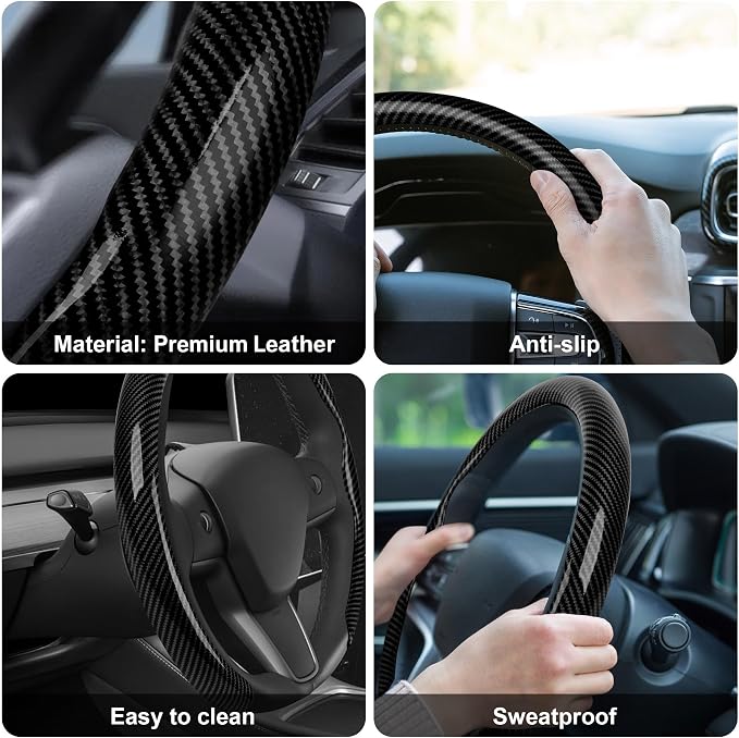 Frani Leather Steering Wheel Cover,Universal Fit 15 Inch-Premium Non-Slip Breathable Comfort Grip for Cars Trucks SUVs,Anti-Slip Durable Interior Upgrade Carbon Fiber Pattern