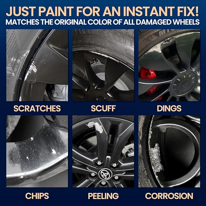 Matte Black Rim Touch Up Paint, 2-in-1 Matte Black Paint Pen for Metal, Enamel, Wheel Scratch Repair Kit for Curb Rash, Flat/Satin Black Automotive Paint for Car Alloy Wheels & Metal (1 fl oz)