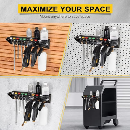 Pressure Washer Gun & Foam Cannon Holder with 1/4 Inch Quick Connector, Wall-Mounted Nozzle Tip & Extension Wand Organizer for Pressure Washer Parts & Accessories