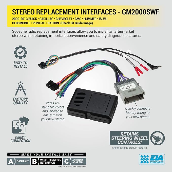 Scosche GM2K-WP Factory Stereo Replacement Interface Adapter, Compatible with Select 2000-13 GM Vehicles, Car Radio Wiring Harness, Retains Steering Wheel Controls & OEM Amplifier - See Fit Guide
