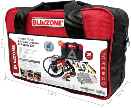 Blikzone Portable Tire Inflator, Flat Tire Repair Kit & Car Air Compressor Tire Inflator with Digital LCD Display, Auto Shut-Off, 12v air compressor, 120 PSI, 25 LPM