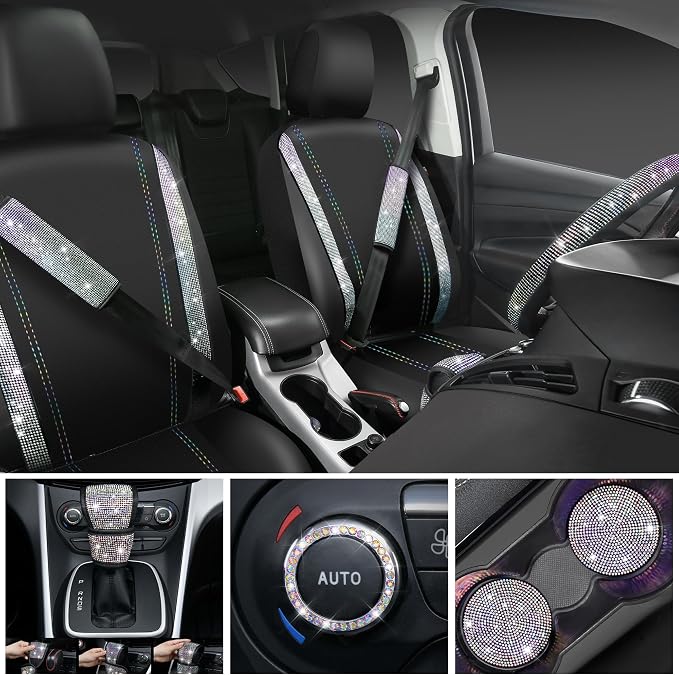 CAR PASS Bling Diamond Leather Seat Covers Sets 12pcs Shining Car Accessories Set for Women, Sparkly Rhinestone Steering Wheel Cover, Glitter Cute Crystal for Women Girl, Bedazzed Multicolor Diamond