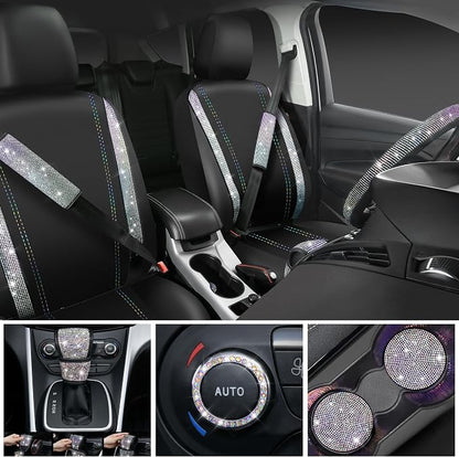 CAR PASS Bling Diamond Leather Seat Covers Sets 12pcs Shining Car Accessories Set for Women, Sparkly Rhinestone Steering Wheel Cover, Glitter Cute Crystal for Women Girl, Bedazzed Multicolor Diamond