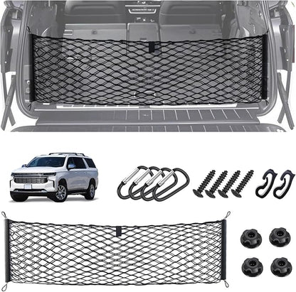 Envelope Style Cargo Net for 2021-2025 2026 Chevy Tahoe/Suburban/GMC Yukon Accessories, Rear Trunk SUV Mesh Cargo Net, Upgraded 5mm Bungee & Double-Layer Nylon Storage Netting Grocery&Tools Organizer