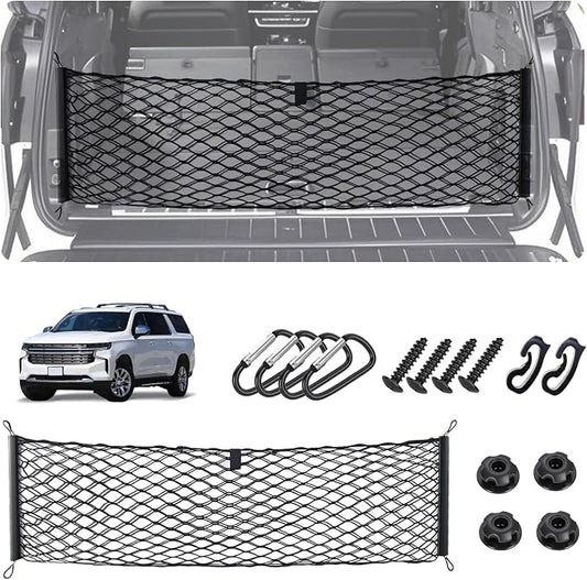 Envelope Style Cargo Net for 2021-2025 2026 Chevy Tahoe/Suburban/GMC Yukon Accessories, Rear Trunk SUV Mesh Cargo Net, Upgraded 5mm Bungee & Double-Layer Nylon Storage Netting Grocery&Tools Organizer