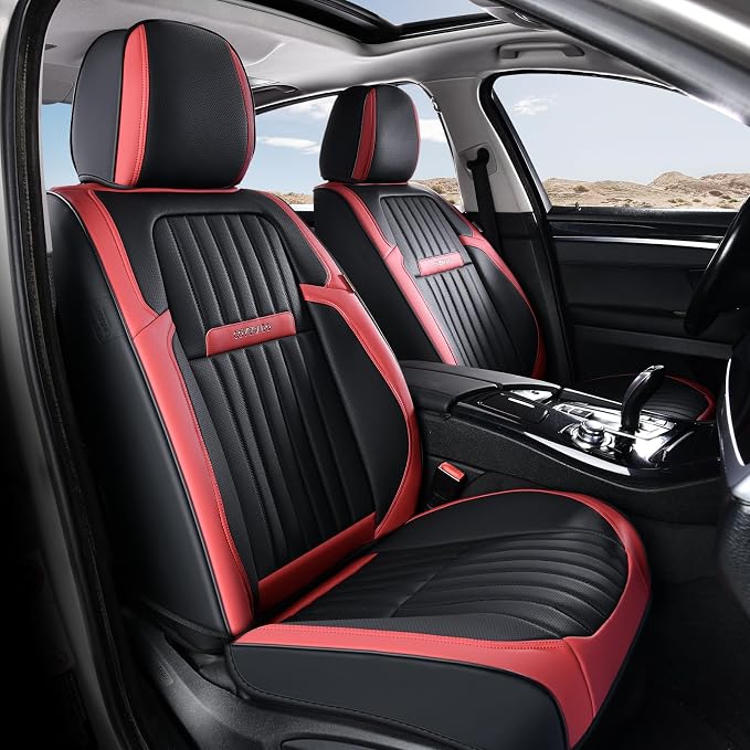 Coverado Car Seat Covers Full Set, Seat Covers for Cars, Car Seat Cover, Car Seat Protector, Leather Car Seat Cushion, Waterproof Car Seat Covers Front Seats and Back Fit for Most Cars(Red&Black)