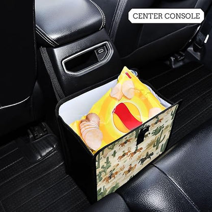 Car Trash Can Organizer Bin with Adjustable Strap for Back Front Seat Console Waterproof Leakproof Collapsible Portable 8.66 Inch Cute Cacti Desert Cowboys Horses