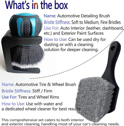 Professional 2-in-1 Car Detailing Brush Set: Soft Ball Handle Interior Cleaner (2.75") + Heavy Duty Long Handle Tire & Wheel Brush (8.26") for Scratch-Free Surfaces