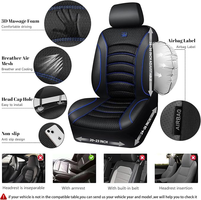 CAR PASS Comfortable 3D Foam Mesh Leather Car Seat Covers Full Sets, Air Cool Mesh Breathable Seat Covers for Car, Universal 5 Seats Fit for SUV Truck Sedan Automotive, Airbag Compatible,Black Blue