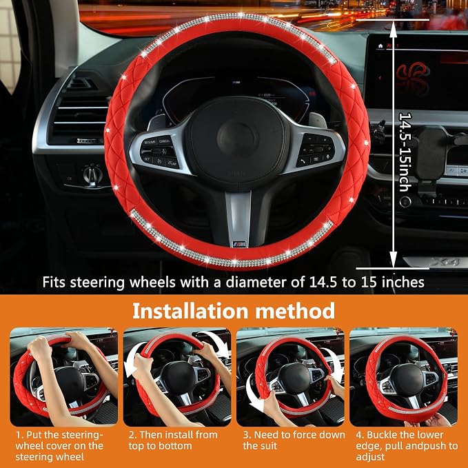 Diamond Steering Wheel Cover，with Bling Crystal Rhinestone, Delicate and Anti-Slip Sparkly Steering Wheel Cover ，Adaptable to 14.5-15 inches Car Wheel Protector for Women Girl，Car Accessories, Red