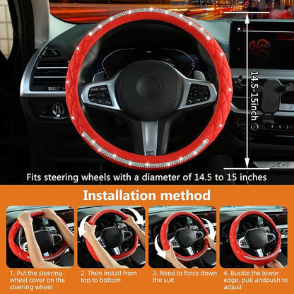 Diamond Steering Wheel Cover，with Bling Crystal Rhinestone, Delicate and Anti-Slip Sparkly Steering Wheel Cover ，Adaptable to 14.5-15 inches Car Wheel Protector for Women Girl，Car Accessories, Red