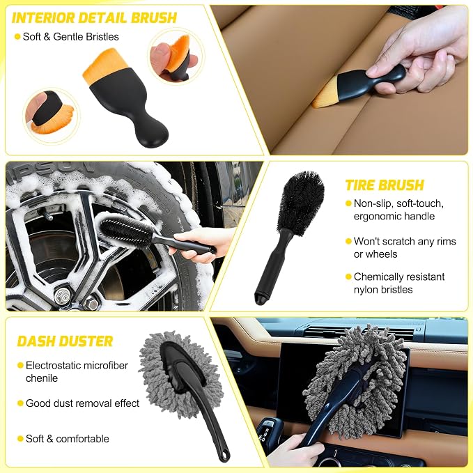 Nilight 37PCS Car Detailing Kit Auto Cleaning Tools Wash Set with Storage Carry Bag Home Use for Interior Exterior Deep Clean Car Care Windshield Dashboard Seat Air Vents Wheels Tires, Yellow