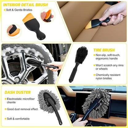 Nilight 37PCS Car Detailing Kit Auto Cleaning Tools Wash Set with Storage Carry Bag Home Use for Interior Exterior Deep Clean Car Care Windshield Dashboard Seat Air Vents Wheels Tires, Yellow
