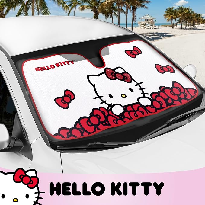 Carbella Hello Kitty Car Windshield Sun Shade, Official Sanrio Sun Shade for Car Window, Cute Sun Shade for Front Windshield, Hello Kitty Accessories for Women ﻿(Red Bow Dreams)