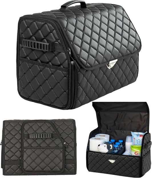 Leather Trunk Organizer with Lid for Suv and more, Foldable Car Organizer, Car Organizers and Storage with Pockets, Non-Slip Design (Black-Black)