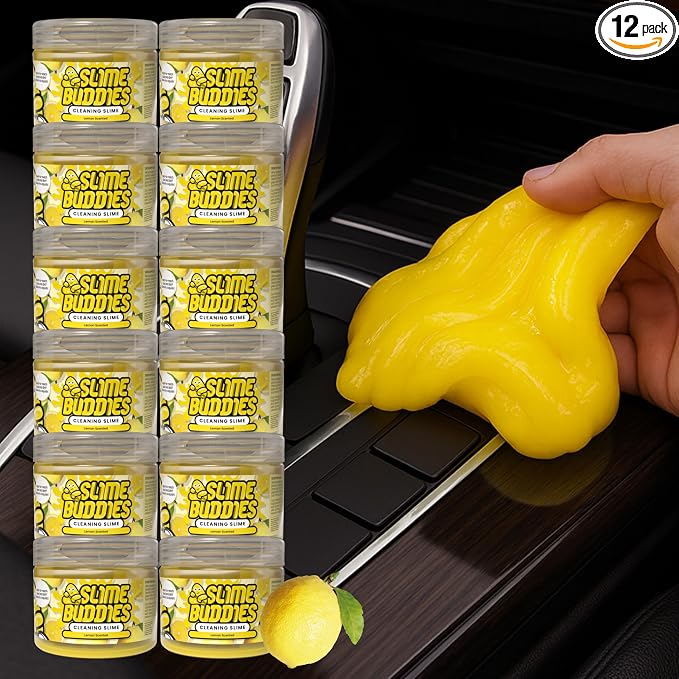 Slime Buddies Car Cleaning Gel Putty - 12 Pack Lemon Scented Interior Detailing Tool for Cup Holder, Air Vent & Keyboard - Reusable Auto Detailing Accessories - Dust Remover Goop - Gifts for Men Women