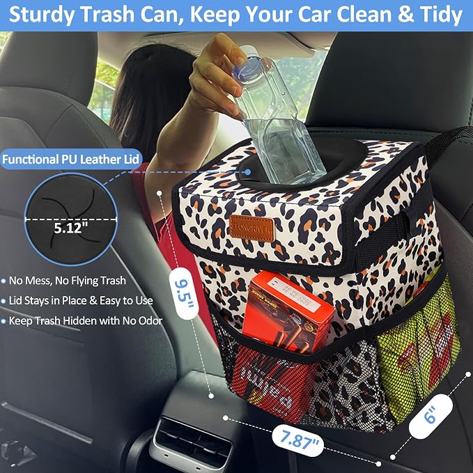 ELONGRIVER Car Trash Can Bin for Back Seat Leak Proof, Cute Car Trash Bag Hanging, Vehicle Trash Can for SUV Truck Van, Automotive Garbage Cans Front Seat Leopard Print, 2 Gallons
