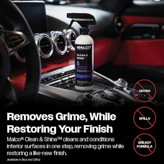 Malco Clean and Shine Interior Car Cleaner and Dressing - Best Interior Car Care to Restore Leather Plastic and Vinyl / 1 Simple Step To Clean, Condition, and Protect/Non-Glare Satin Finish (125916)