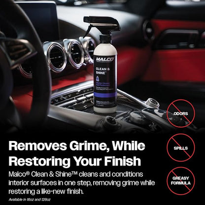 Malco Clean and Shine Interior Car Cleaner and Dressing - Best Interior Car Care to Restore Leather Plastic and Vinyl / 1 Simple Step To Clean, Condition, and Protect/Non-Glare Satin Finish (125901)