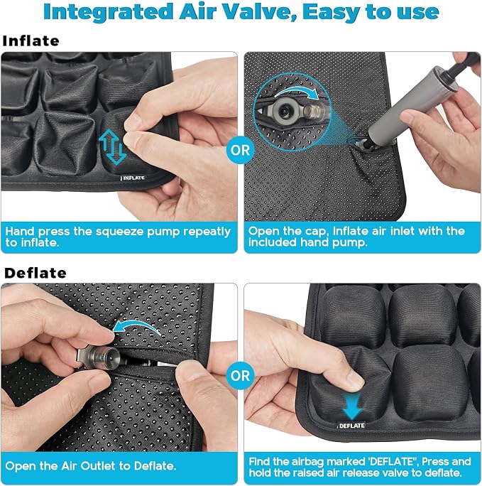 Inflatable Travel Seat Cushion, Airplane Seat Cushion for Long Flights & Car Rides, Portable Air Pad with Built-in Pump, Ergonomic Tailbone Buttocks Pain Relief for Office Chair, Wheelchair, Stadium