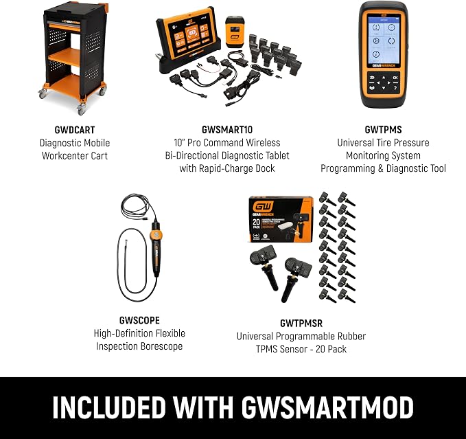 GEARWRENCH 5 pc. Automotive Diagnostic Set with Cart – 10" Bidirectional Diagnostic Tablet, TPMS Programming Tool & 20 Rubber Valve Sensors, HD USB-C Endoscope Camera, Mobile Work Cart | GWSMARTMOD