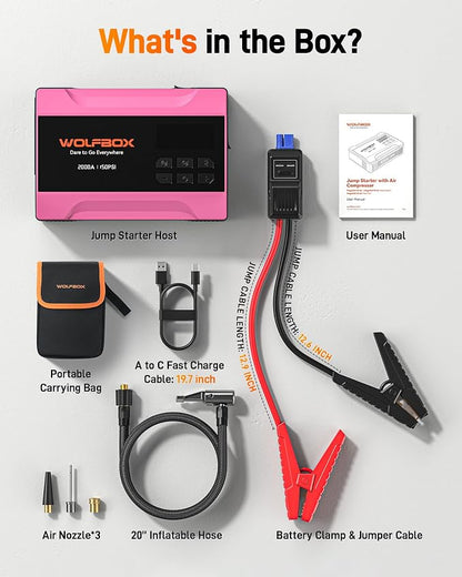 WOLFBOX 2000A Jump Starter with Air Compressor, 37Wh Car Battery Booster Jumper Starter Portable(up to 5L Gas Engine), 12V Jump Box Pack with 150PSI Tire Inflator, Jumper Cables, LED Light — Hot Pink