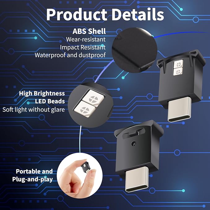 Mini USB LED Car Light, DC 5V Intelligent Interior Car Lights, Atmosphere Lamp for Car, Plug-in Interface, Suitable for Car, Laptop Keyboard, Home Office, Adjustable Brightness (Type C)