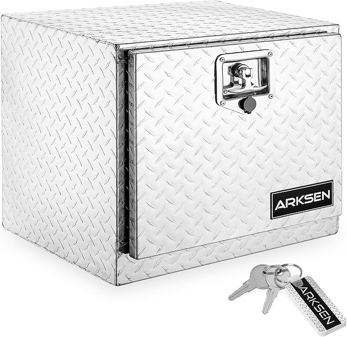 ARKSEN 18 x 17 x 18 Inch Underbody Tool Box, Heavy Duty Aluminum Diamond Plate Waterproof Square Storage Organizer Chest with T-Handle Lock & Keys for Pickup Truck, RV & Trailer – Silver