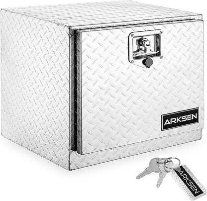 ARKSEN 18 x 17 x 18 Inch Underbody Tool Box, Heavy Duty Aluminum Diamond Plate Waterproof Square Storage Organizer Chest with T-Handle Lock & Keys for Pickup Truck, RV & Trailer – Silver