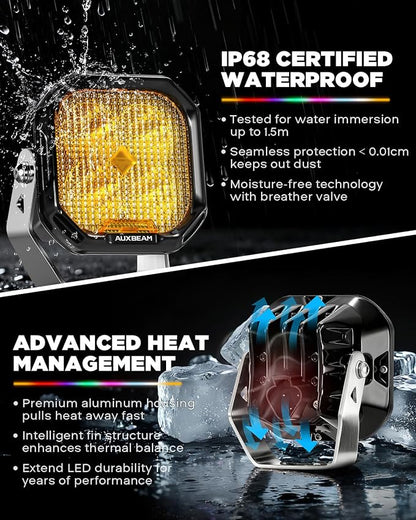 Auxbeam Color Play Series RGB 3-Inch LED Off-Road Lights Cube Pods | RGBW 7-color backlight with gradient cycle, Color changing ambient offroad lighting, 116W 12960LM flood beam ditch lights